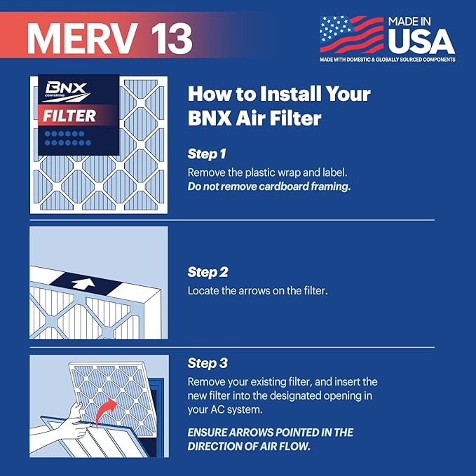 BNX TruFilter 16x25x4 (15.5’’ x 24.5’’ x 3.63‘’ Slim Fit) MERV 13 Air Filter (2-Pack) - MADE IN USA - Air Conditioner HVAC AC Furnace Filters Health, Allergies, Mold, Bacteria, Smoke, MPR 1900 FPR 10