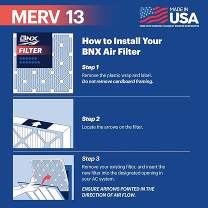 BNX TruFilter 16x25x4 (15.5’’ x 24.5’’ x 3.63‘’ Slim Fit) MERV 13 Air Filter (2-Pack) - MADE IN USA - Air Conditioner HVAC AC Furnace Filters Health, Allergies, Mold, Bacteria, Smoke, MPR 1900 FPR 10