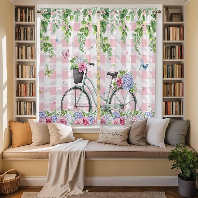 Spring Kitchen Curtains, Bicycles Leaves Butterfly Flowers Pink Buffalo Plaid Light Filtering Window Curtain Panels, 2Pcs Rod Pocket Window Treatments Set for Living Room Bathroom Bedroom 42x63 Inches