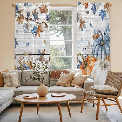 Thanksgiving Pumpkin Window Curtains 72 Inch Long 2 Panel Set,Rod Pocket Long Curtains & Drapes,Fall Maple Leaf Daisy Wooden Grain Light Filtering Window Treatment for Bedroom Living Room 52"W x 72"L