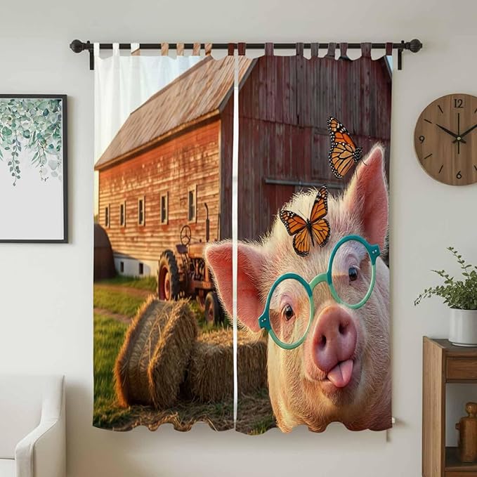 Farm Pig Living Room Curtains 84 Inch Length, Window Curtains Tab Top, Farmhouse Barn Funny Animals Butterfly Light Filtering Window Treatments Drapes 52"x84" 2 Panel