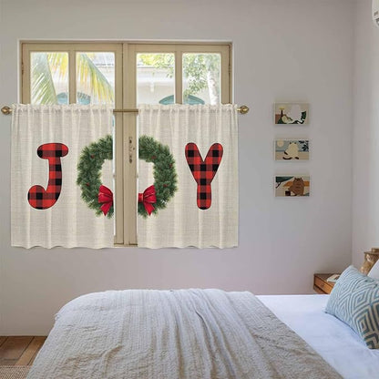Red Green Christmas Kitchen Tier Curtains 45 Inch Long 2 Panel Set,Rod Pocket Short Window Treatment,Farmhouse Xmas Botanical Winter Curtains & Drapes for Bathroom Basement 27.5"W x 45"L
