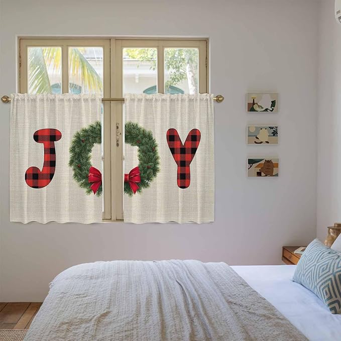Red Green Christmas Kitchen Curtains 54 Inch Long 2 Panel Set, Rod Pocket Window Curtains Panels, Farmhouse Xmas Botanical Winter Light Filtering Drapery Draperies for Bathroom Bedroom 52"W x 54"L