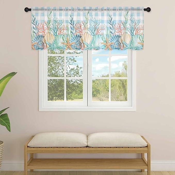 Summer Beach Sheer Valance Curtains, Ocean Colorful Coral Shell Seaweed Starfish Blue Plaid Light Filtering Kitchen Valances Rod Pocket Voile Curtain Treatment for Bedroom/Living Room/Basement 54Wx18L