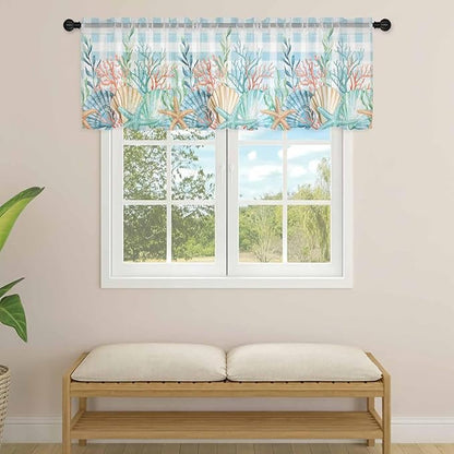 Summer Beach Sheer Valance Curtains, Ocean Colorful Coral Shell Seaweed Starfish Blue Plaid Light Filtering Kitchen Valances Rod Pocket Voile Curtain Treatment for Bedroom/Living Room/Basement 54Wx18L
