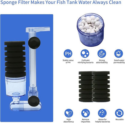 UPETTOOLS 10-40 Gla Aquarium Sponge Filter Ultra Quiet Aquarium Air Pump Small Sponge Fish Tank Filter Comes with 2 Sponges 2of Bio Ceramic Media Balls