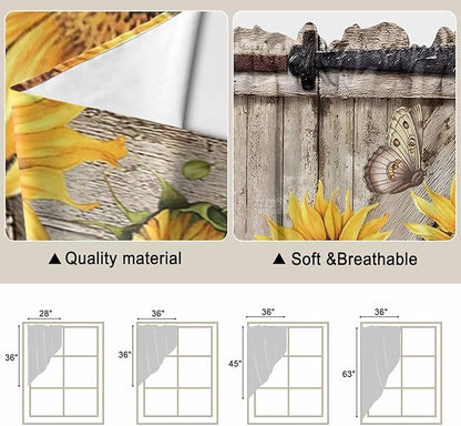 Farmhouse Sunflowers Swag Valances for Windows, Rustic Barn Doors Flowers Butterfly Wooden Rod Pocket Kitchen Curtains Valance, Kitchen Window Curtains Swag for Cafe Living Room, 2 Panels, 36x45 inch