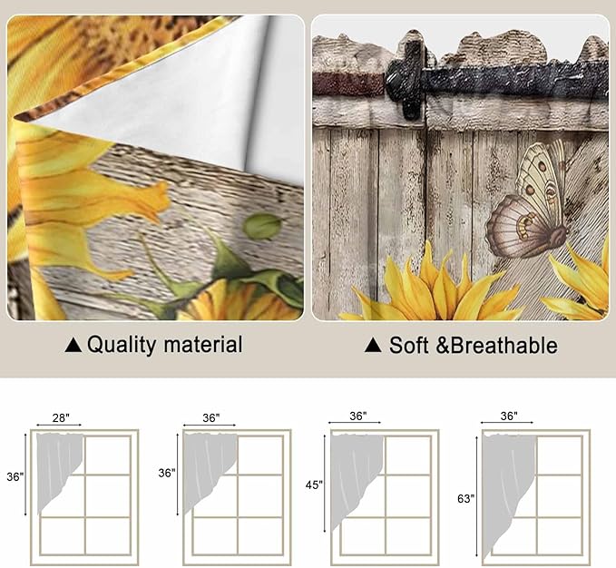 Farmhouse Sunflowers Swag Valances for Windows, Rustic Barn Doors Flowers Butterfly Wooden Rod Pocket Kitchen Curtains Valance, Small Window Curtains Swag for Cafe Living Room, 2 Panels, 28x36 inch