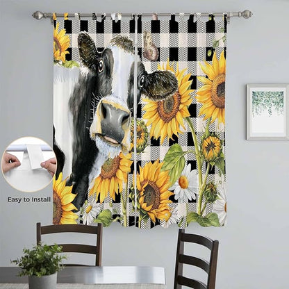 Retro Sunflowers Living Room Curtains 96 Inch Length, Window Curtains Tab Top, Farmhouse Floral Cow Butterfly Black Plaid Light Filtering Window Treatments Drapes 52"x96" 2 Panel