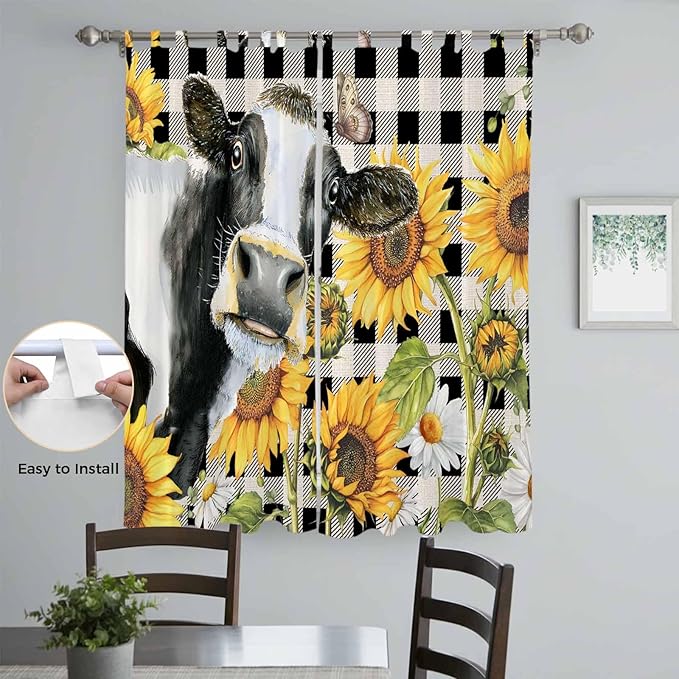 Retro Sunflowers Living Room Curtains 84 Inch Length, Window Curtains Tab Top, Farmhouse Floral Cow Butterfly Black Plaid Light Filtering Window Treatments Drapes 52"x84" 2 Panel