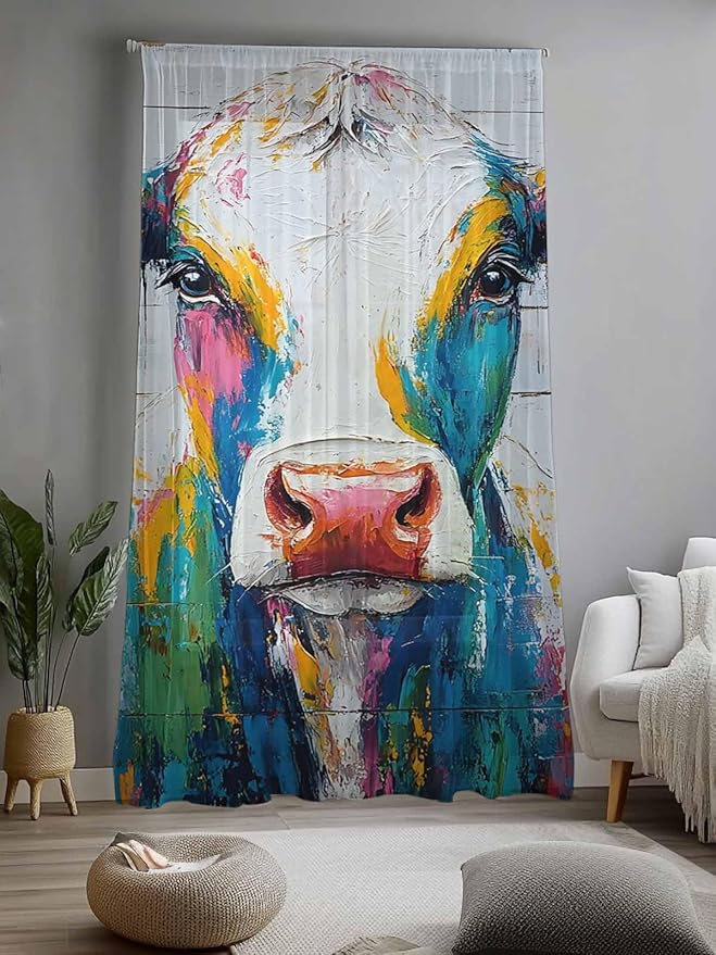 Sheer Curtains 108 Inches Long, Farmhouse Oil Painting Semi Sheer Curtains Light Filtering Window Treatment, Colorful Cow Animal Wooden Grain Privacy Voile Drapes for Living Room Bedroom 52x108 Inch