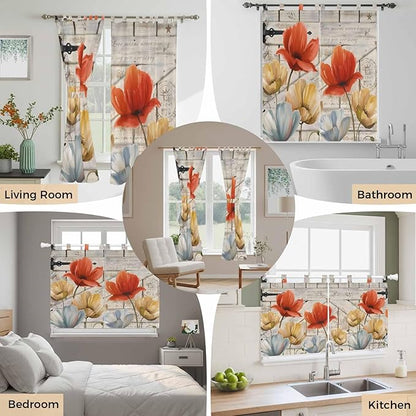 Retro Floral Kitchen Curtains 24 Inch Length, Small Window Curtains Tab Top, Red Yellow Tulips Barm Doors Farmhouse Wooden Light Filtering Short Window Treatments Tier Drapes 27.5"x24" 2 Panel