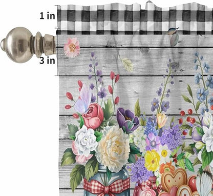Kitchen Curtains Tiers and Valance Set of 3, Spring Flowers Light Filtering Window Curtain Set, Farmhouse Black Plaid Wood Grain Rod Pocket Curtain Drapes for Cafe, Living Room, 36 Inches Tiers