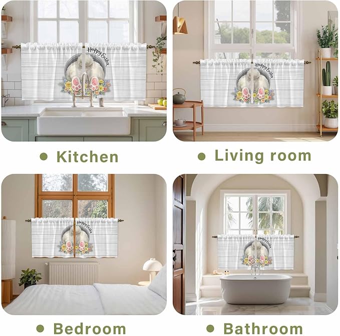 Easter Bunny Kitchen Tier Curtains 36 Inch Long 2 Panel Set,Rod Pocket Half Window Curtains Over Sink,3D Optical Illusion Farmhouse Flower Wood Grain Light Filtering Short Drapes Cafe 27.5"W x 36"L