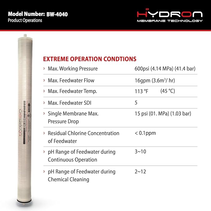 Hydron BW-4040 Reverse Osmosis Membrane – 4" x 40", 2400 GPD | High Performance for Commercial, Industrial, Agricultural, Whole House | Compatible with AG4040FF, AG4040TF, TW30-4040, RE4040-BE