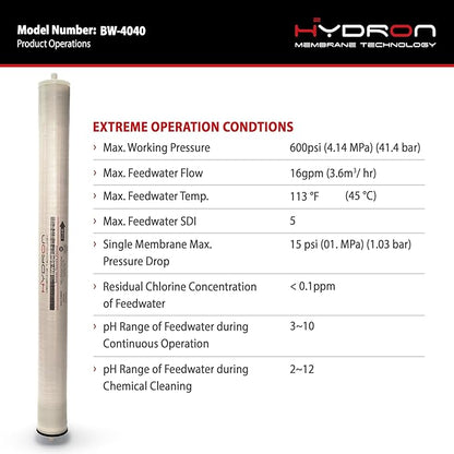 Hydron BW-4040 Reverse Osmosis Membrane – 4" x 40", 2400 GPD | High Performance for Commercial, Industrial, Agricultural, Whole House | Compatible with AG4040FF, AG4040TF, TW30-4040, RE4040-BE