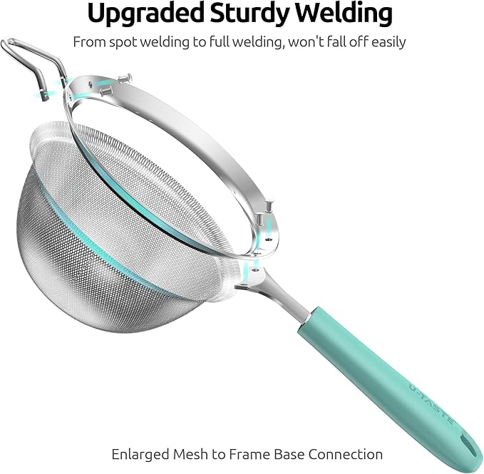 U-Taste Medium Fine Mesh Strainer: 18/8 Stainless Steel 4.73in 30 Mesh Kitchen Food Sieve with Sturdy Riveted Silicone Handle, Heavy Duty Deep Handheld Metal Colander for Rice, Quinoa, Flour(Aqua Sky)