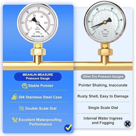 MEANLIN MEASURE -30inHG~0Psi Vacuum Gauge Stainless Steel 1/8" NPT 2" FACE DIAL Waterproof for Air Compressor HVAC Negative Pressure Hand Pump Pool Lower Mount, with 1/4" NPT and 3/8" NPT Hex Bushing