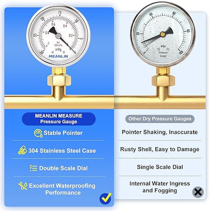 MEANLIN MEASURE -30inHG~0Psi Vacuum Gauge Stainless Steel 1/8" NPT 2" FACE DIAL Waterproof for Air Compressor HVAC Negative Pressure Hand Pump Pool Lower Mount, with 1/4" NPT and 3/8" NPT Hex Bushing