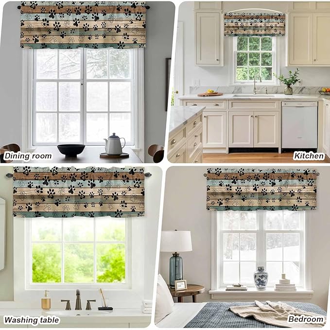 Dog Paws Valances for Windows, Teal Brown Wood Grain Kitchen Valance Light Filtering Rod Pocket Short Curtains for Kitchen Bathroom, 1 Panel, 54"x18"