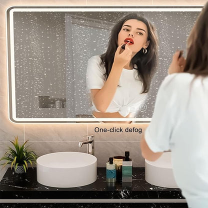 Bathroom Mirror with LED Lights，Illuminated Led Bathroom Mirror with Demister Pad，Illuminated LED Bathroom Mirror,LED Bathroom Mirror，3 Colours Backlit Makeup Mirror(B,H75*W100cm/H29.5*W39.4IN)