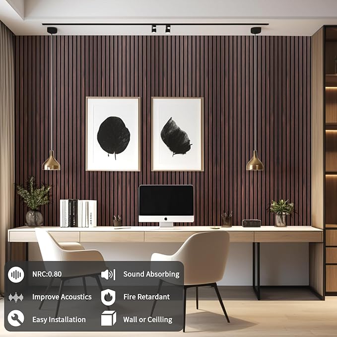 Wood Slat Wall Panel, 48'' x 24'' Wood Panels for Wall, 3D Soundproof Wall Panels, Large Acoustic Panels for Interior Ceiling and Wall Decor Noise Reduction, 2 Pack, Walnut