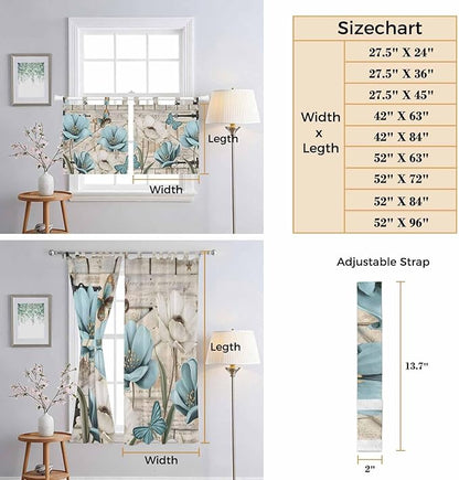 Teal Blue Tulips Bedroom Curtains 72 Inch Length, Window Curtains Tab Top, Spring Floral Barn Doors Vintage Wood Beige Light Filtering Window Treatments Drapes 52"x72" 2 Panel