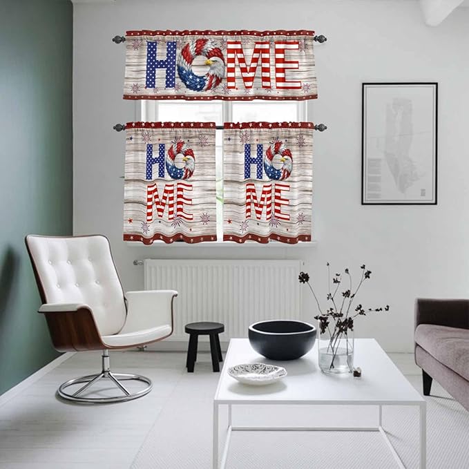 4th of July Kitchen Curtains Set 3 Piece for Windows,Rod Pocket Valance and Tier Set 36 Inch Length,Stars Striped Farmhouse American Flag Wood Grain Light Filtering Cafe Curtains for Living Room