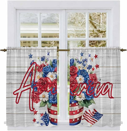 Independence Day Kitchen Curtains 54 Inch Long 2 Panel Set, Rod Pocket Window Curtains Panels, 4 of July Rose Wooden Grain Vintage Light Filtering Drapery Draperies for Bathroom Bedroom 52"W x 54"L