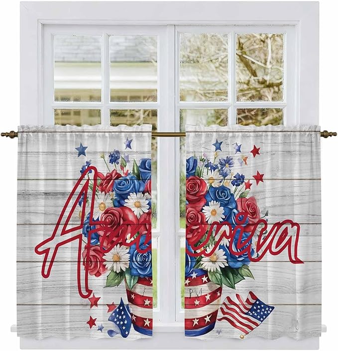 Independence Day Kitchen Curtains 45 Inch Long 2 Panel Set, Rod Pocket Window Treatment, 4 of July Rose Wooden Grain Vintage Light Filtering Short Curtains & Drapes for Bathroom Laundry 52"W x 45"L
