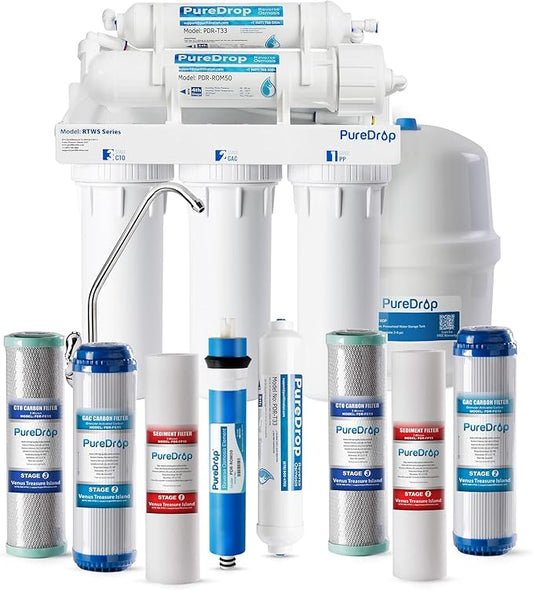 RTW5 SGS-Tested 5 Stage Reverse Osmosis Water Filter System with Innovative Top-Mounted Faucet Design, TDS Reduction 50 GPD Under Sink RO Water Filtration Plus Extra 3 Filters