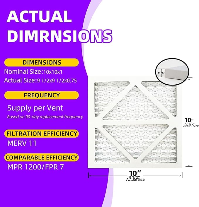 10x10x1 MERV 11 (5-Pack) Pleated Air Filter (Actual Size: 9.50" x 9.50" x 0.75") MPR 1000-1200 & FPR 7, Furnace Air Filters, 10x10x1 air filter