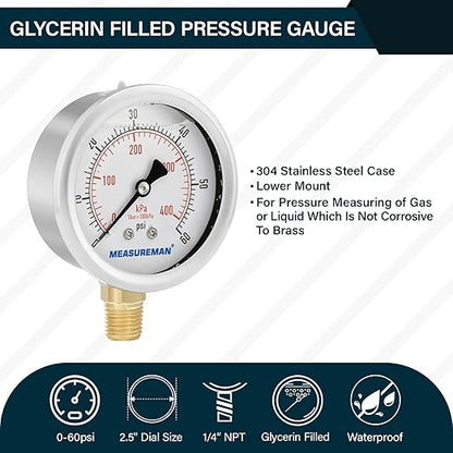 MEASUREMAN 2-1/2inch Dial Size, Liquid Filled Pressure Gauge, 0-60psi/kpa, 304 Stainless Steel Case, 1/4inNPT Lower Mount