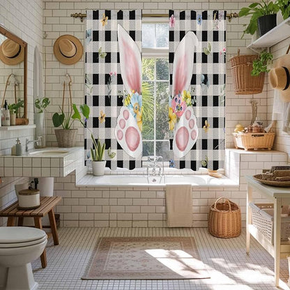 Easter Window Curtains 63 Inch Long 2 Panel Set, Rod Pocket Bedroom Curtains & Drapes, Spring Rabbits Ears Feet Wildflowers Black Plaid Light Filtering Window Treatment for Living Room 42"W x 63"L