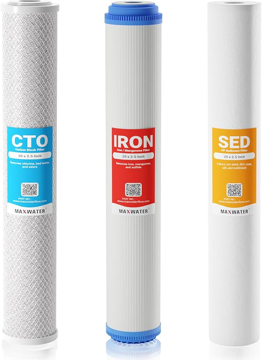 20" Slim Blue Iron Buster Filter Set (3-Pack) for Whole House Water Filtration Systems w/ 20" x 2.5" Sediment, Iron Manganese Reduction, CTO Carbon Block Water Filters