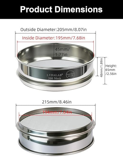 All 304 Stainless Steel 200 Mesh Test Sieve (0.075mm Aperture), 8 Inch/20cm Diameter, Lab Sifter, Fine Screen for Cement Powder, Silt, Soil & 3D Printing Filtering