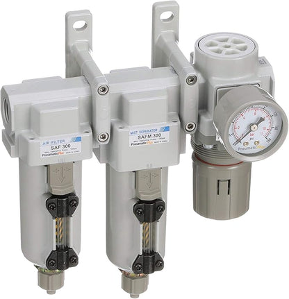 PneumaticPlus SAU330-N03G-MEP Three Stage Compressed Air Drying System - Particulate Air Filter, Coalescing Filter, Air Pressure Regulator Combo 3/8" NPT - Metal Bowl, Manual Drain, Gauge