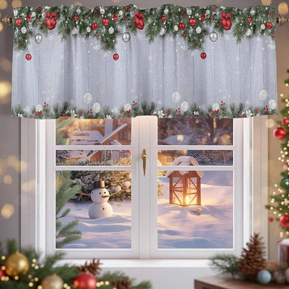 Christmas Curtain Valances for Windows, Kitchen Valance Window Treatment, Winter Xmas Balls Pine Branches Wooden Grain Light Filtering Block Curtains for Bathroom/Bedroom/Living Room 54'' x 18''
