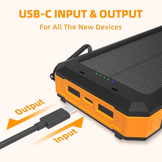 YELOMIN Solar Charger, 20000mAh Portable Type-C Solar Power Bank with 4 Cables, Waterproof Battery Pack, Outdoor External Backup Power Charger Six Outputs/LED Flashlights, Perfect for Camping Travel