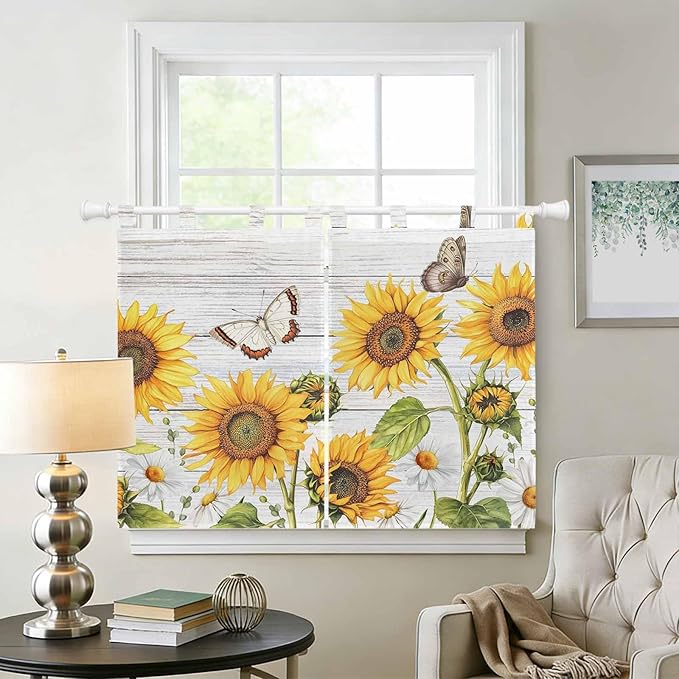 Yellow Sunflowers Bedroom Curtains 63 Inch Length, Window Curtains Tab Top, Vintage Country Flowers Butterfly Wood Board Light Filtering Window Treatments Drapes 42"x63" 2 Panel