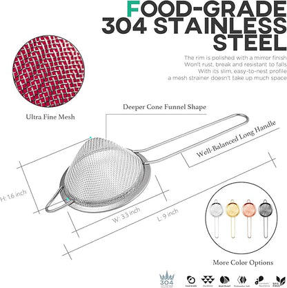 Homestia 2 Piece 3.3" Fine Mesh Strainer for Kitchen, 304 Stainless Steel Cocktail Sieve Sifters for Food, Liquid Strainer for Drinks, Tea, Coffee, Juice, Flour, Fruits, Vegetables (Silver, 2 Pack)