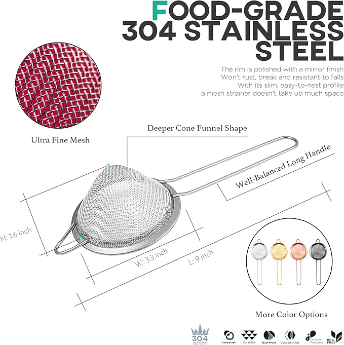 Homestia 3.3" Fine Mesh Strainer for Kitchen, 304 Stainless Steel Cocktail Sieve Sifters For Food, Liquid Drink Strainers Cup for Tea, Rice, Oil, Noodles, Fruits, Vegetables (Silver)