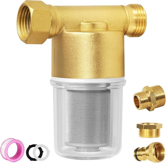 40 Micron Reusable Sediment Filter, Brass Inline Water Filter, Compatible with 1/2" NPT & 3/4" GHT, Sediment Filter for Washer, Washing Machine, Garden Hoses, High Pressure Washer, Well Water, RV