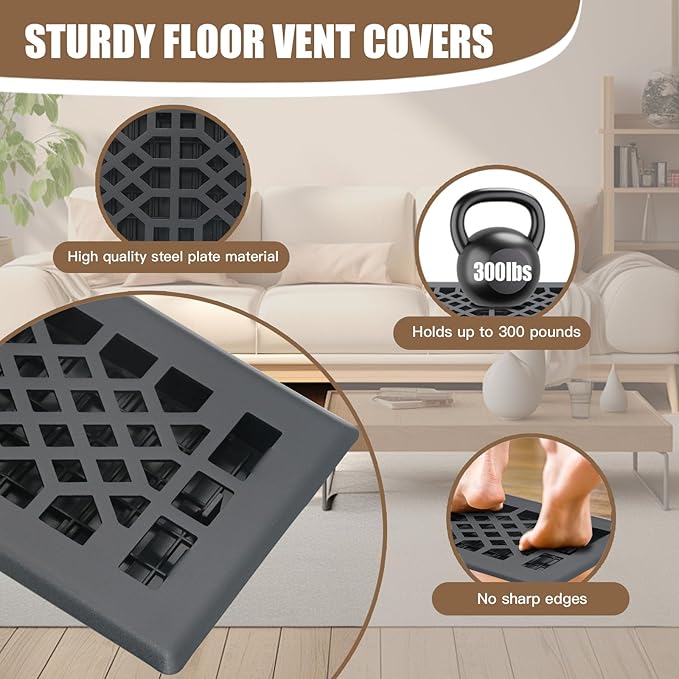 Floor Vents Registers Adjustable Grates 4x12 Inch Matte Black Air Vent Easy Adjust Air Supply Lever Grilles Floor Register Heavy Duty Walkable Steel