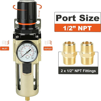 Hromee 1/2 Inch Compressed Filter Regulator Combo, Air Compressor Water Oil Trap Separator with Pressure Gauge, Semi-Auto Drain and Bracket