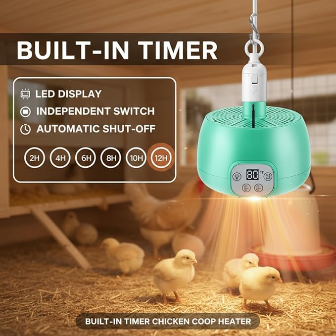 Enhon 1 Set Chicken Coop Heater, Timing Heat Lamp for Chickens, Smart Temperature Control Chicken Brooder Heater Greenhouse Warmer, 5 Ft Ultra Long Cable Reptile Heating Lamp for Chicks Duck Dog Cat