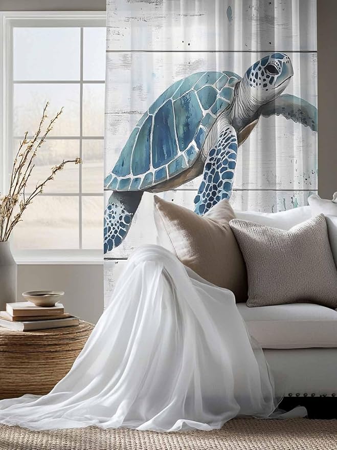 Sheer Curtains 63 Inch Length, Teal Green Sea Turtle Semi Sheer Curtains Light Filtering Window Treatment, Summer Ocean Vintage Wood Grain Privacy Voile Drapes for Living Room Bedroom 52x63 Inch