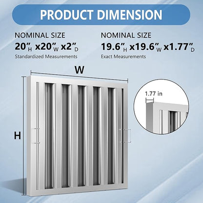 Stainless Steel Commercial Kitchen Hood Filter 19.5W x 19.5H Inch Range Hood Baffle Grease Rated Commercial Kitchen Exhaust Hood 5 Grooves Hood Filter (5 Pack)