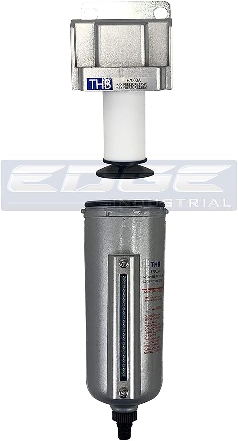 HEAVY DUTY INDUSTRIAL RATED HIGH FLOW PARTICULATE FILTER, IN-LINE WATER TRAP FOR COMPRESSED AIR LINE SYSTEMS, 5 MICRON WITH METAL BOWL AND AUTO DRAIN (3/4" NPT, 5oz)