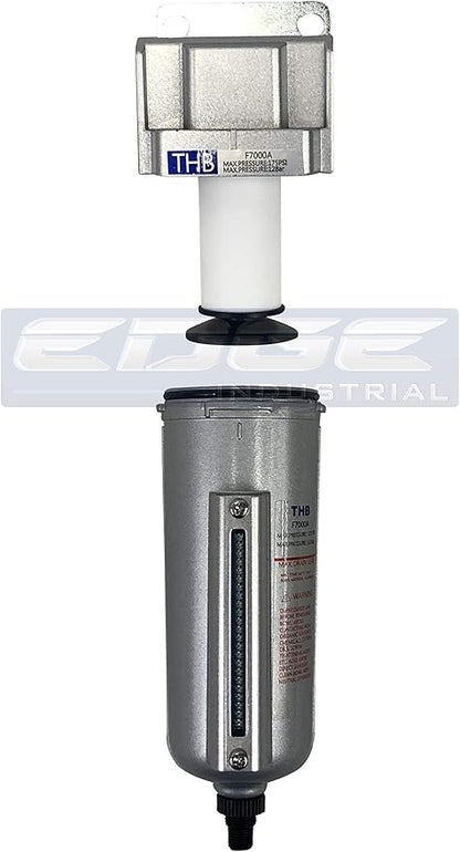 HEAVY DUTY INDUSTRIAL RATED HIGH FLOW PARTICULATE FILTER, IN-LINE WATER TRAP FOR COMPRESSED AIR LINE SYSTEMS, 5 MICRON WITH METAL BOWL AND AUTO DRAIN (3/4" NPT, 5oz)
